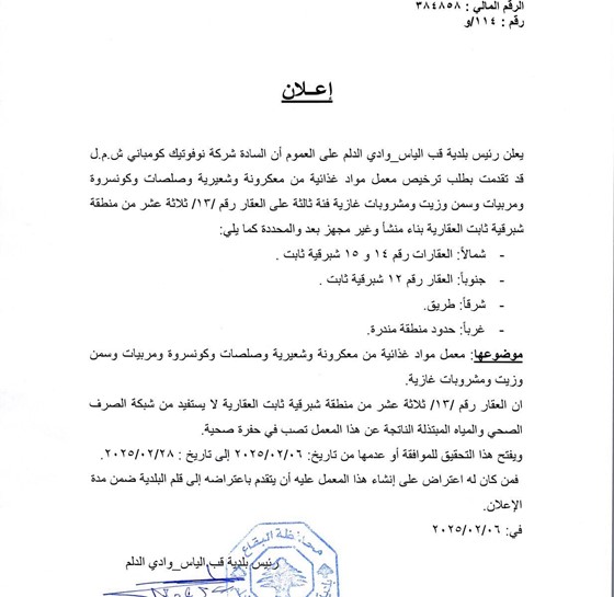 الترخيص لشركة نوفوتيك كومباني ش.م.ل  على العقار رقم 13 شبرقية ثابت